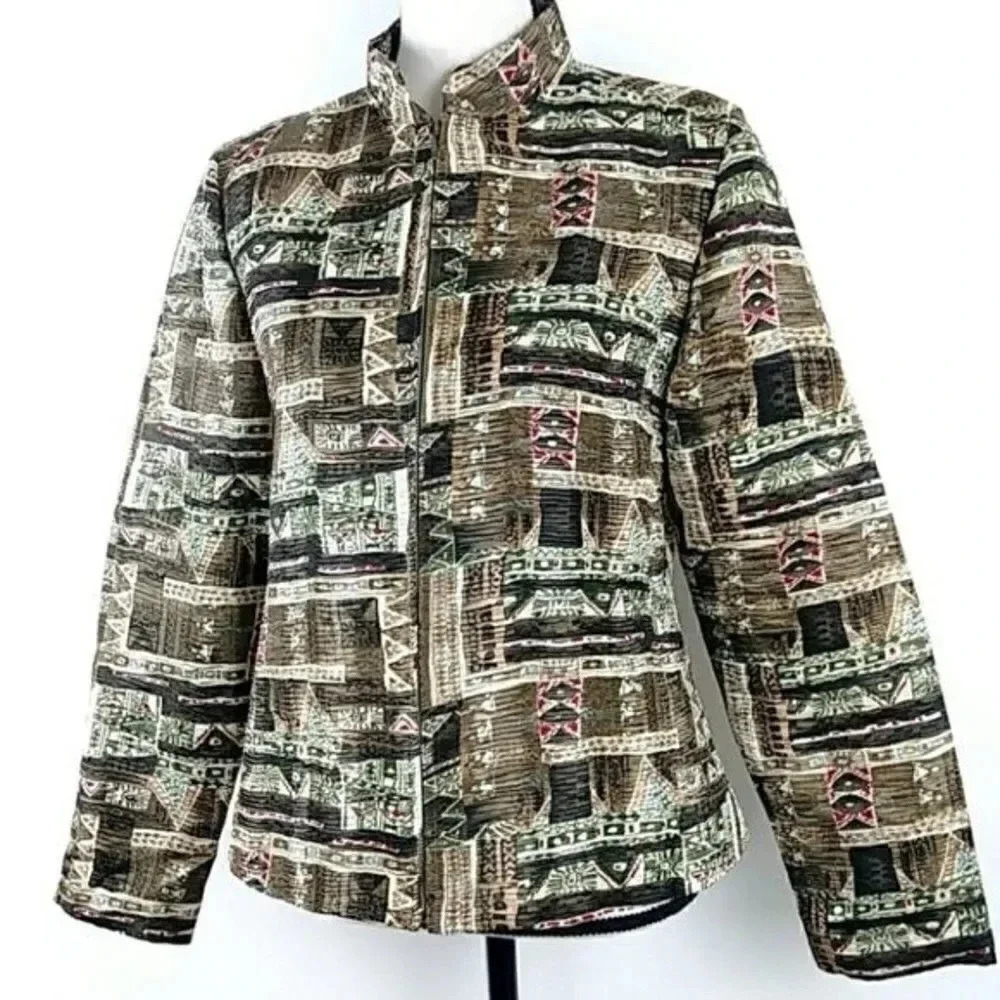 Vintage Southwestern Boho Aztec Print Jacket Silkland Size Medium Fall Jacket